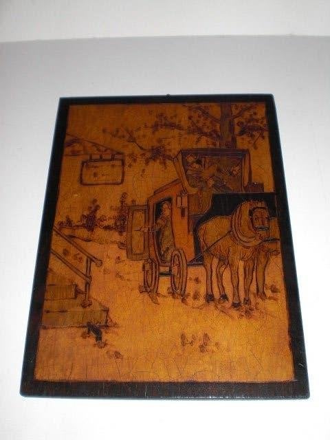 Pyrografie uit ca 1920 tafereel Dickens, Dagelijks leven, Overige technieken, Ophalen of Verzenden, 17 cm