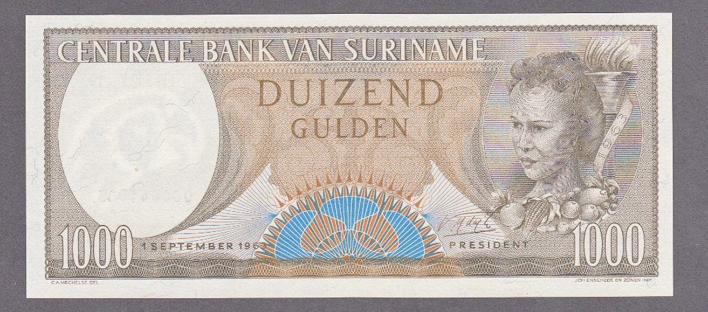 Suriname -1000 gulden 1 SEPT 1963 UNC serie 000041003 - P124, Verzenden, 1000 gulden, Los biljet