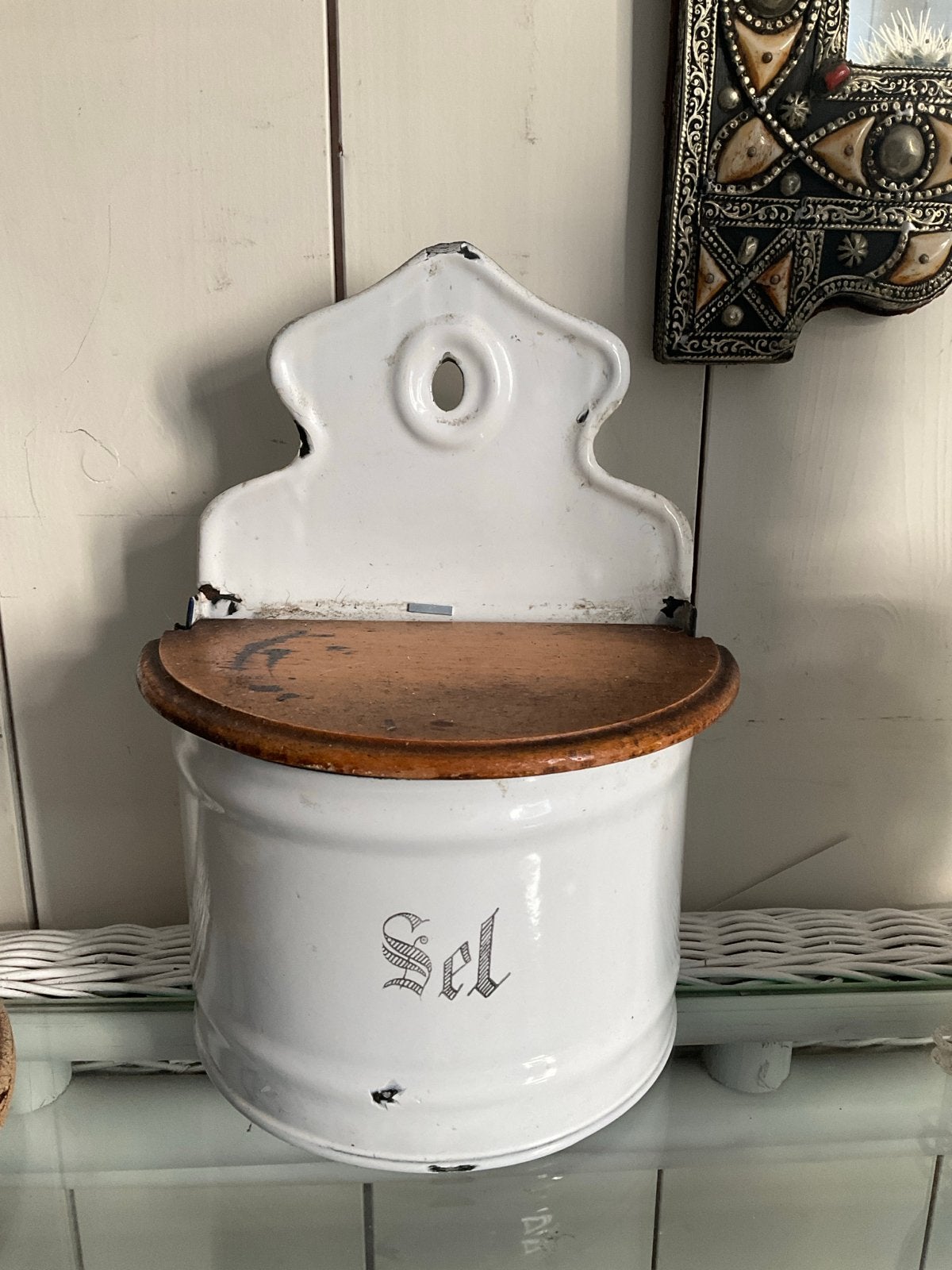 Antieke emaille zoutpot met houten deksel - 'Sel', Antiek en Kunst, Ophalen of Verzenden