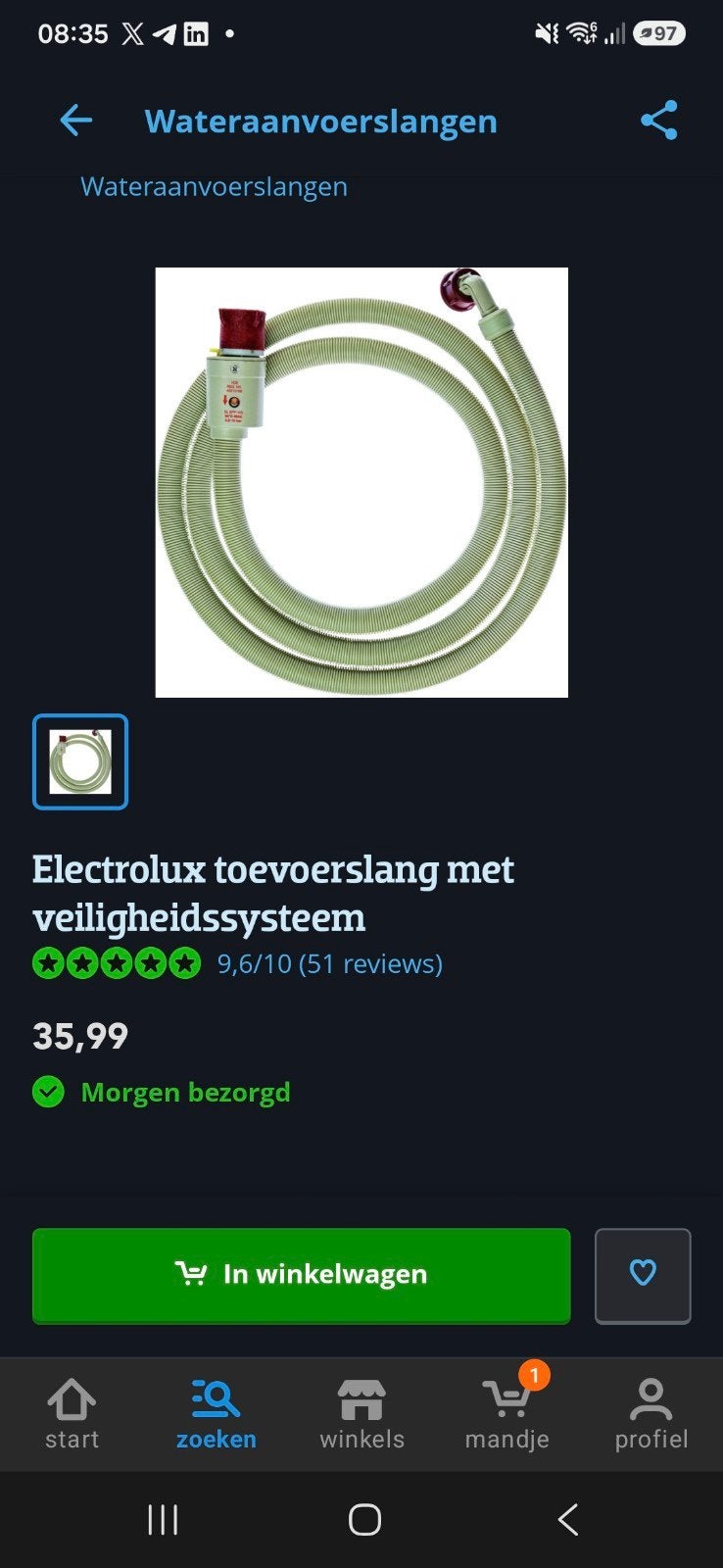 Electrolux toevoerslang met veiligheidssysteem, Ophalen of Verzenden, Nieuw