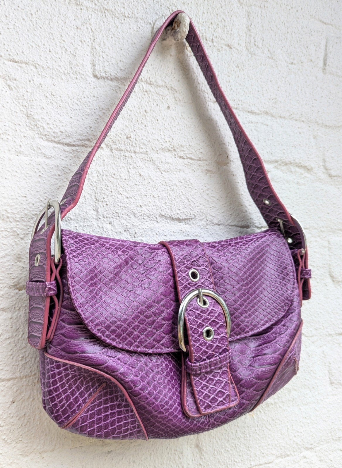 Mooie Vintage, Y2K, tas met Slangenprint en Gesp, Sieraden, Tassen en Uiterlijk, Ophalen of Verzenden, Paars, Handtas