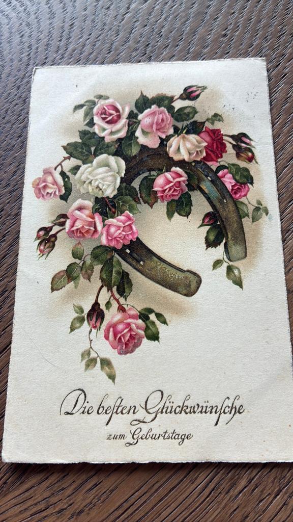 Verjaardag. Hoefijzer met rozen., Ophalen of Verzenden, 1920 tot 1940, Gelopen