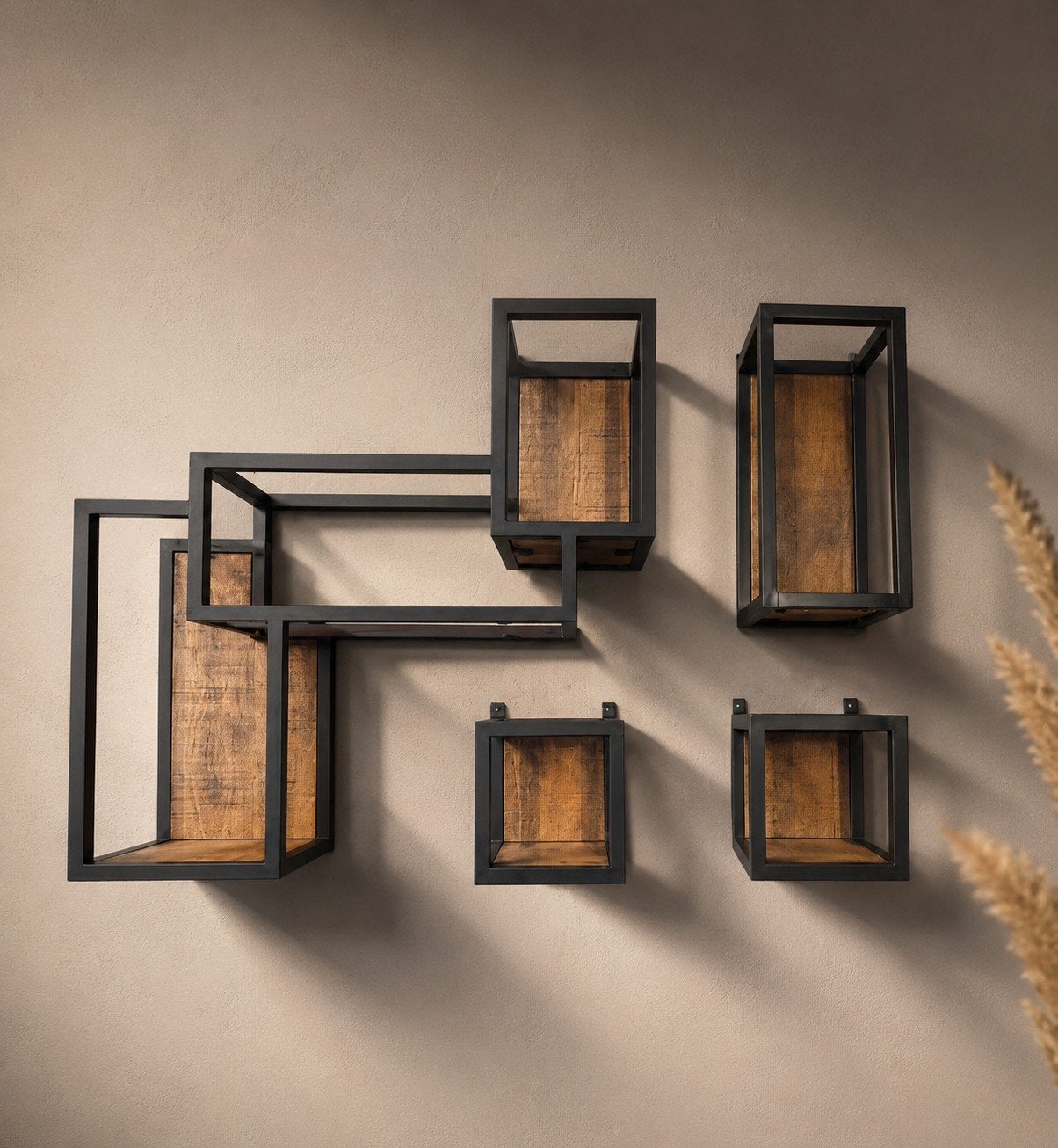 Industriële wandrekken set - Metaal en Hout, Ophalen, Nieuw