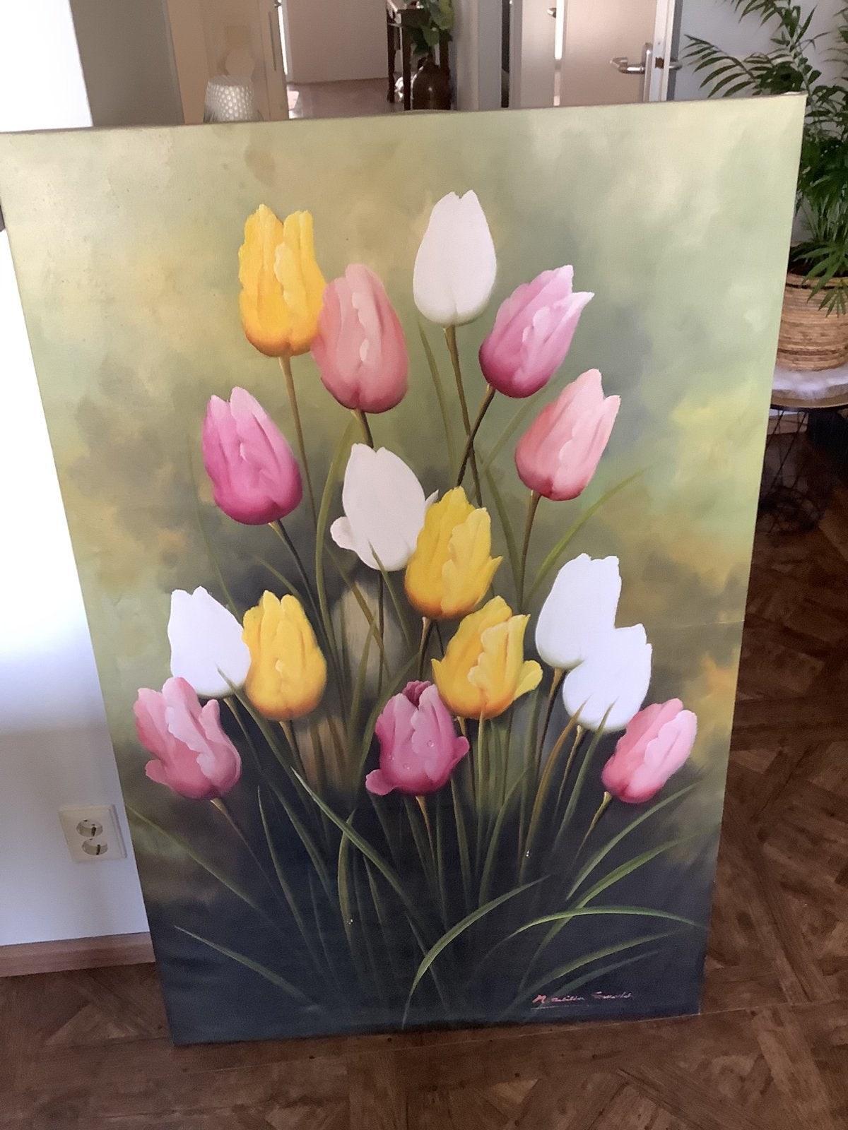 Schilderij 132/82 en Batikschilderij achter glas 72/90 ., Ophalen, Achter glas, Olieverf, Bloemen