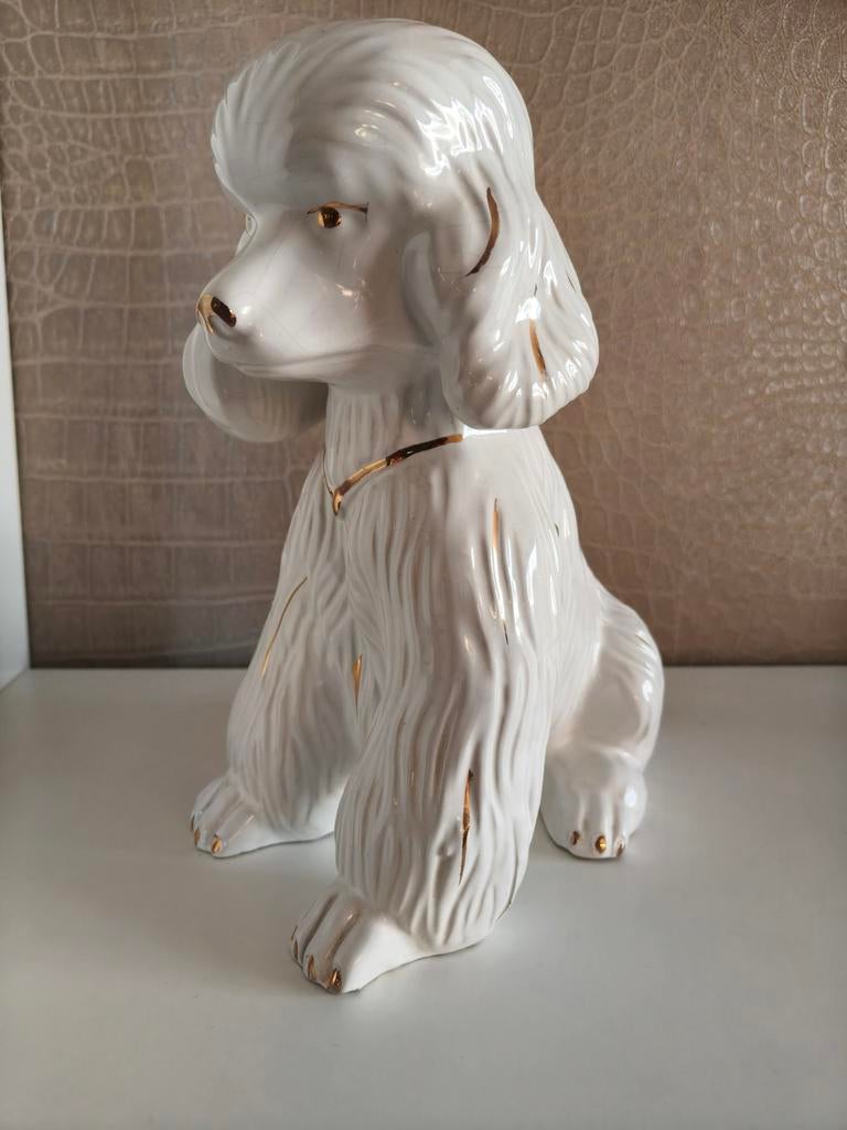 Groot Vintage Poedel Beeld (28cm)- goud en wit – Mid Century, Ophalen of Verzenden, Zo goed als nieuw, Dier