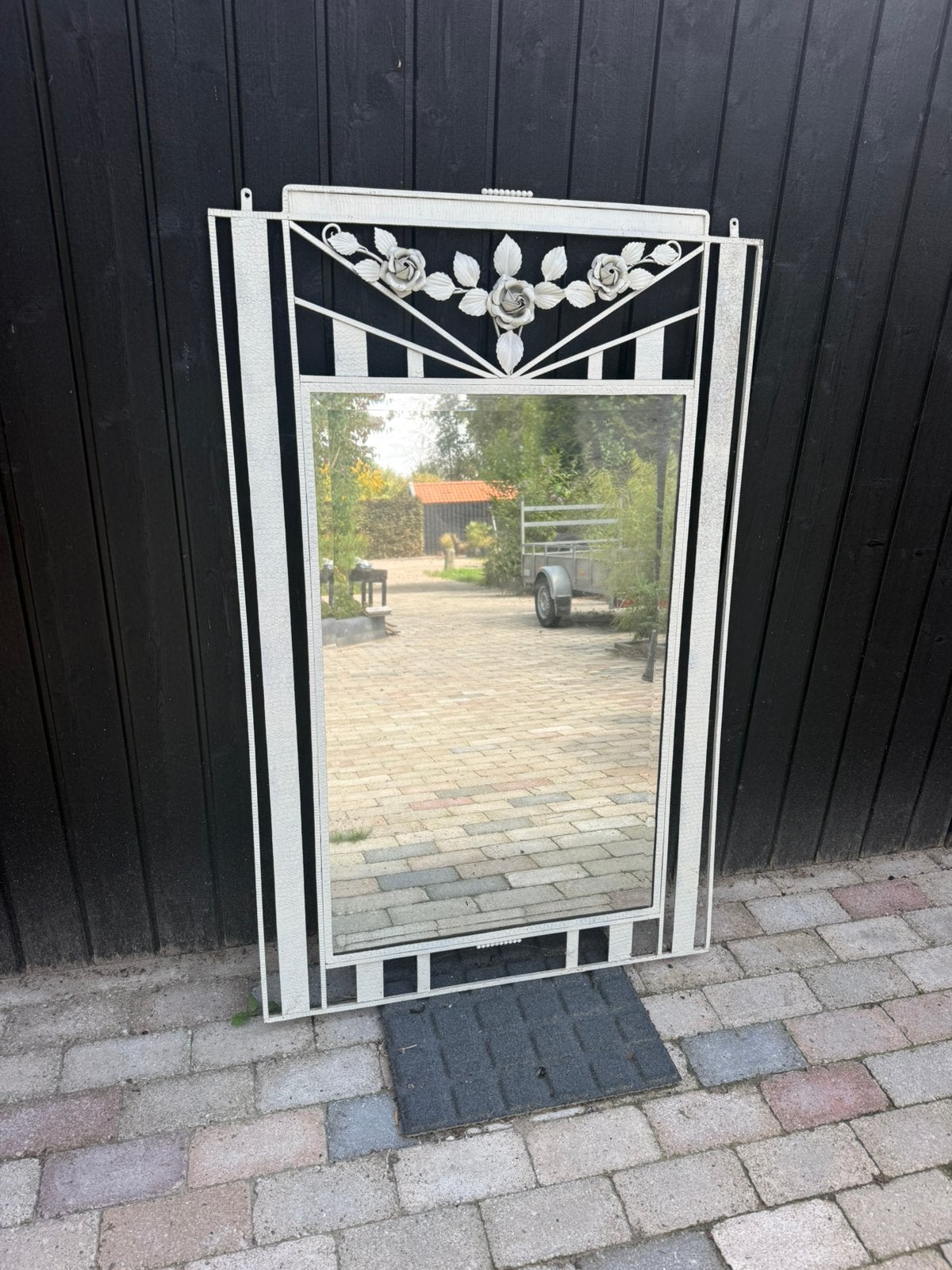 Prachtige grote art deco spiegel Frankrijk gietijzer, Antiek en Kunst, Ophalen, Rechthoekig, 50 tot 100 cm, 100 tot 150 cm