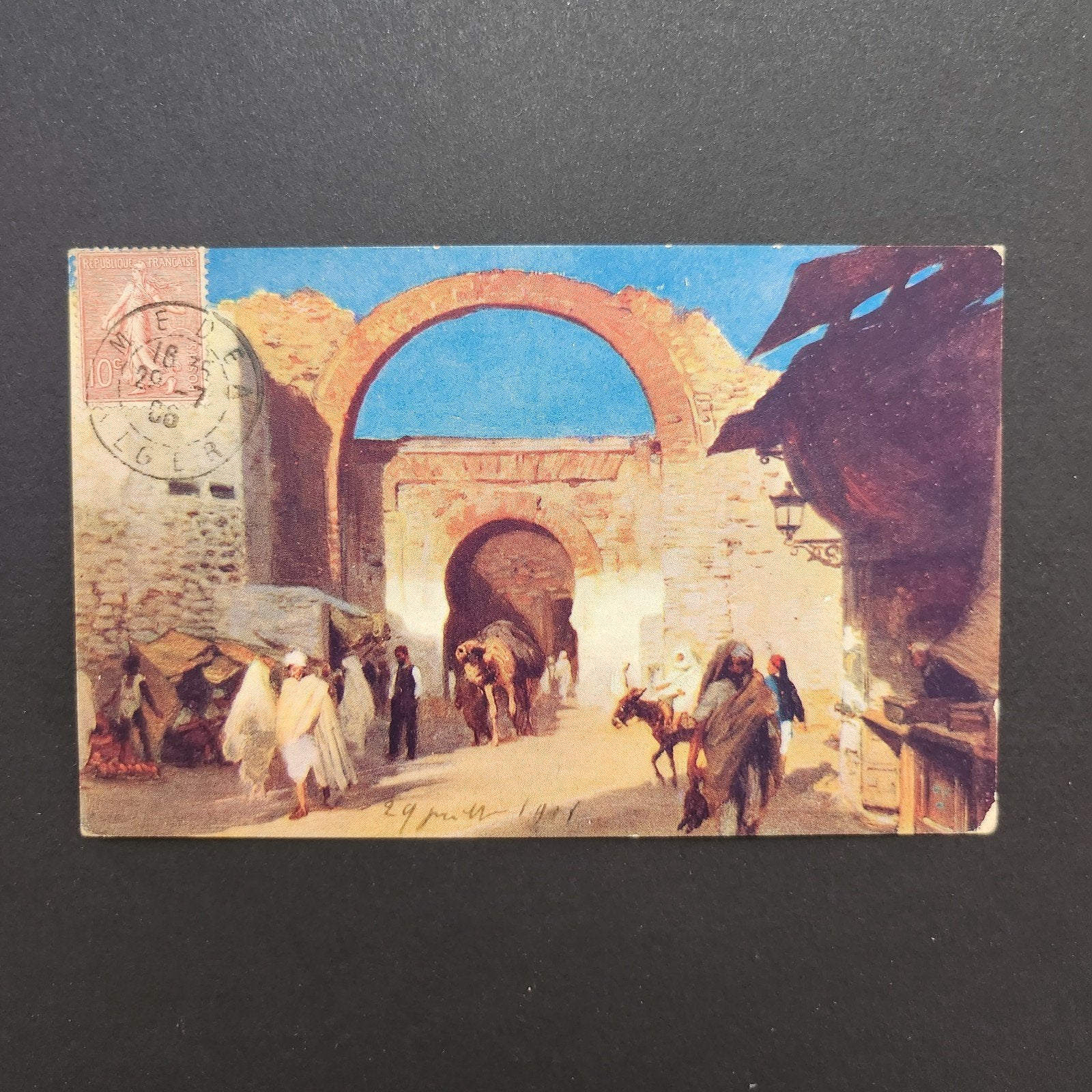 Oude ansichtkaart Algerije, 1906 - Poort met kamelen, Verzenden, Voor 1920, Gelopen, Buiten Europa
