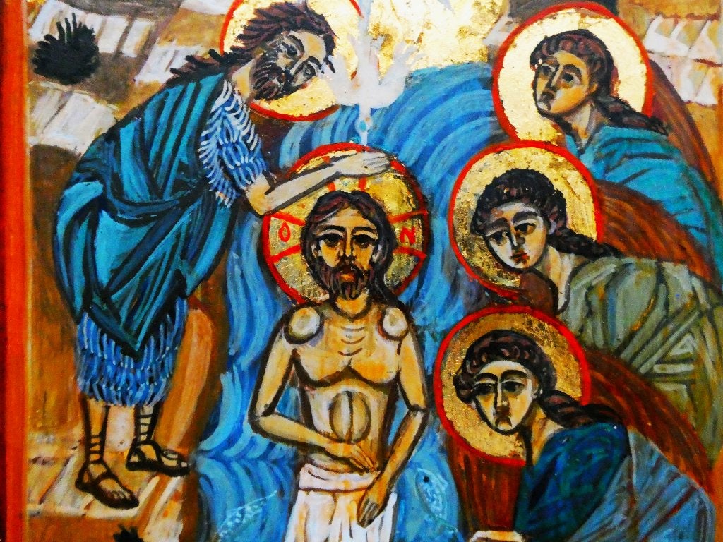 Handgeschilderd Icoon De Doop Jezus Christus, goud verguld, Antiek en Kunst, Ophalen of Verzenden