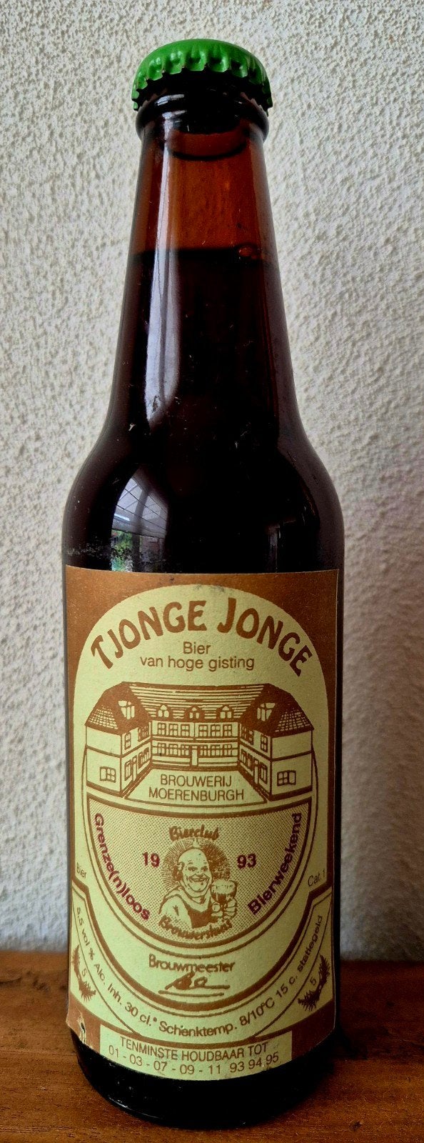 1993 fles TJONGE JONGE bier br. MOERENBURG TILBURG 'T HUYS M, Ophalen of Verzenden, Zo goed als nieuw, Flesje(s), Overige merken
