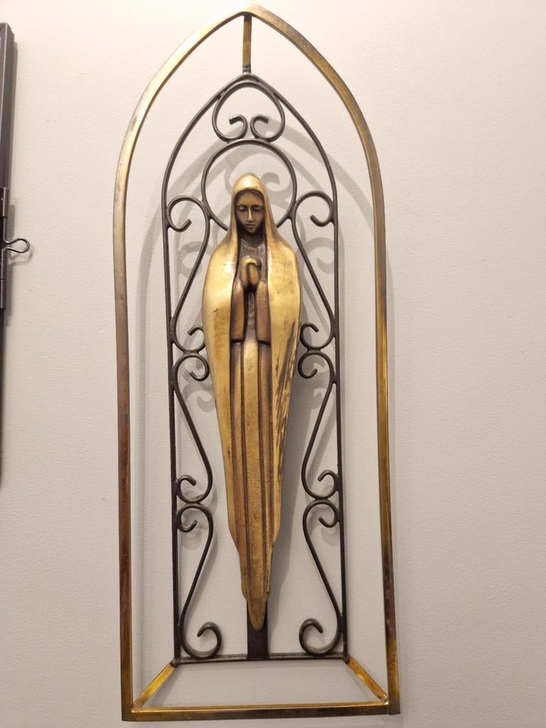 Bronzen Mariabeeld in smeedijzeren lijst, Ophalen of Verzenden