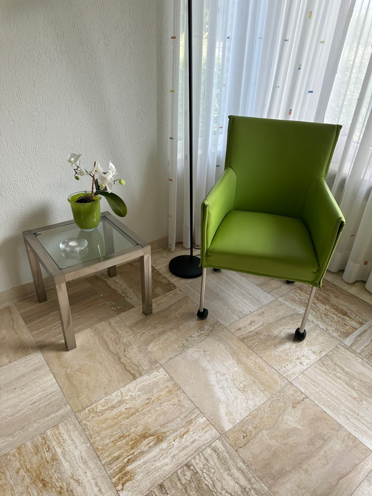 Fauteuille groen leer met tafel Galotti en Radice  alu/glas, Ophalen of Verzenden, Zo goed als nieuw, Laminaat