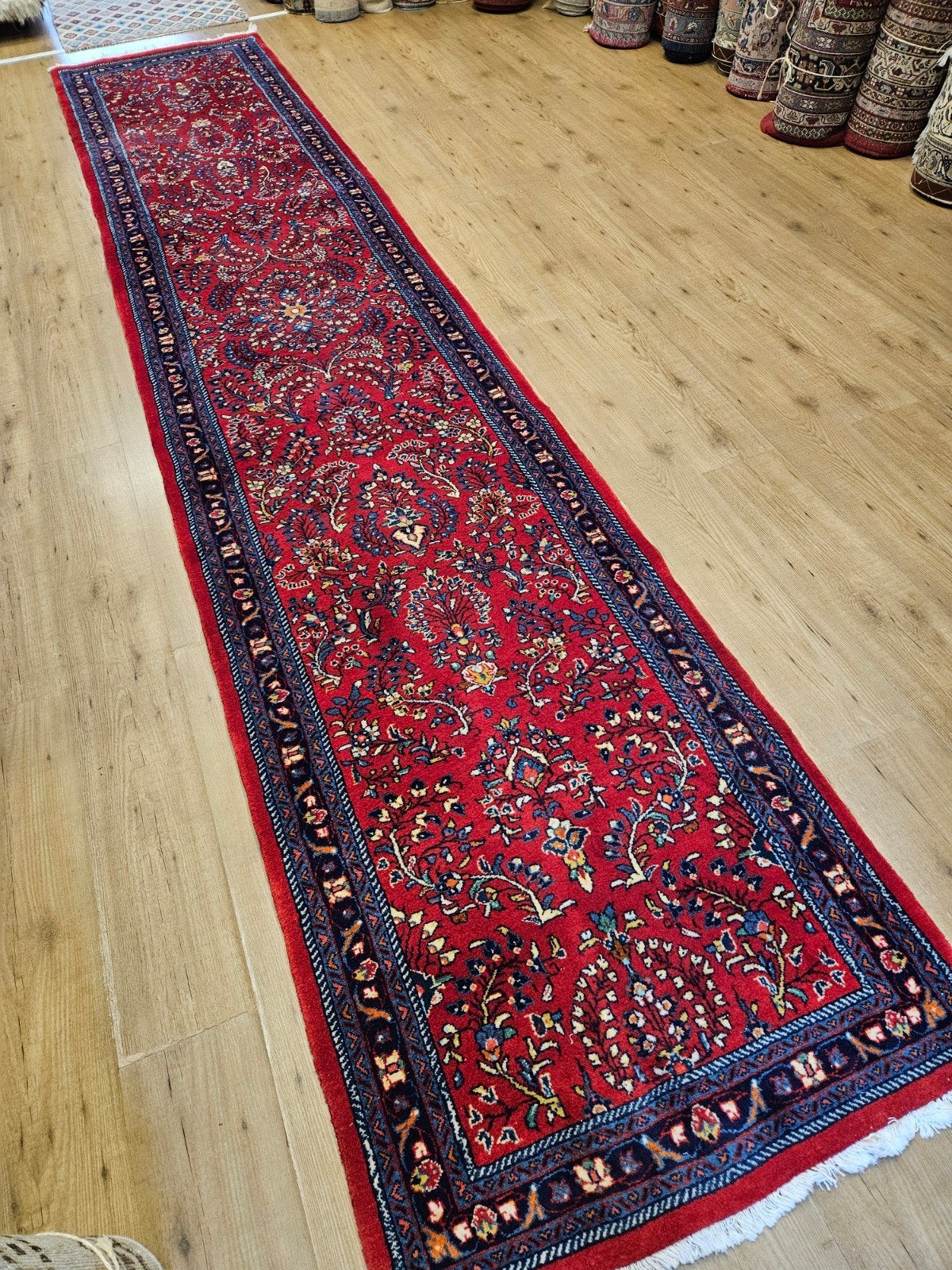 Handgeknoopt perzisch tapijt loper sarough 438x88, Info@SlatsAntiek.nl, Perzisch, Vof Slats Antiek, Blauw