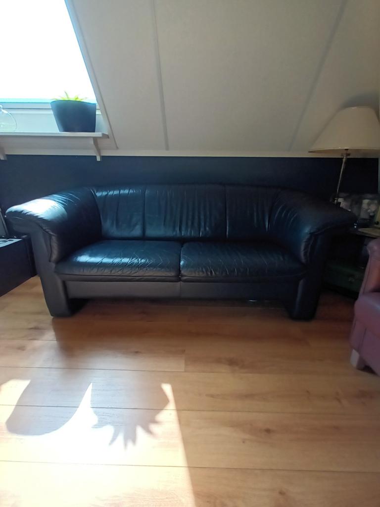 Blauwe leren bank, Huis en Inrichting, Ophalen of Verzenden, 75 tot 100 cm