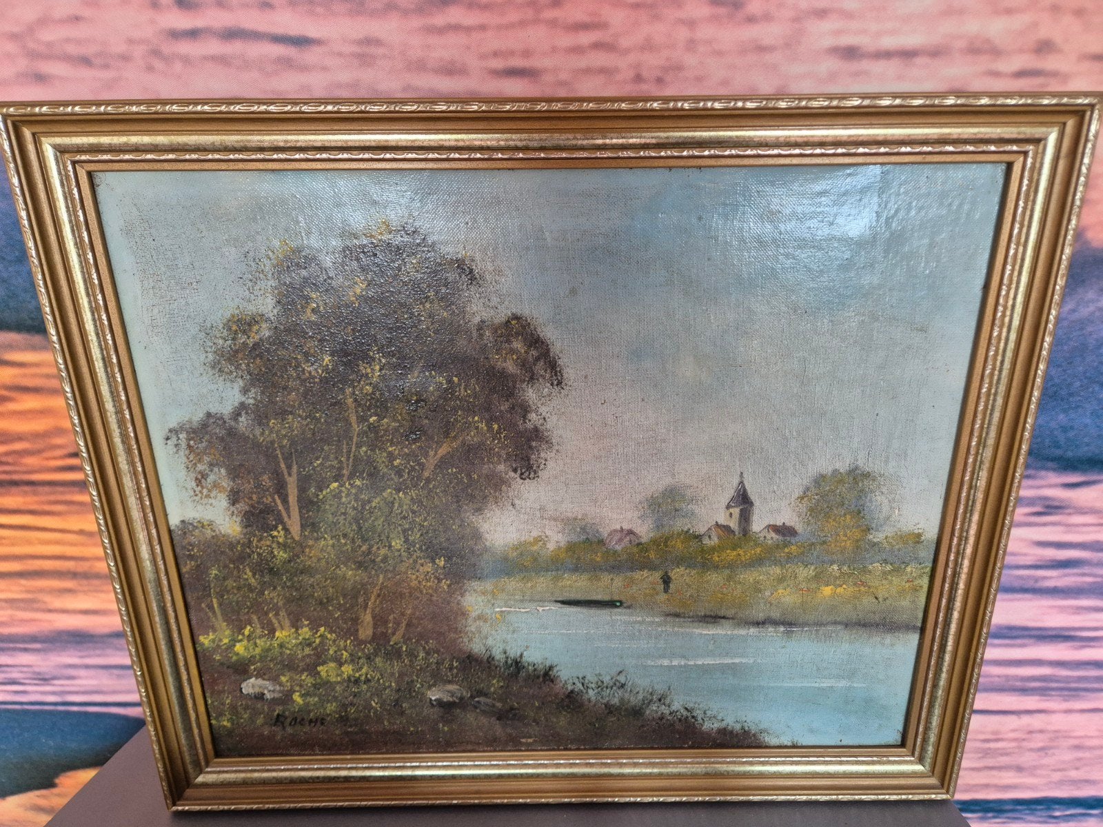 Olieverfschilderij Landschap met rivier en dorp, Doek, Realistisch, Ophalen of Verzenden, Landschap