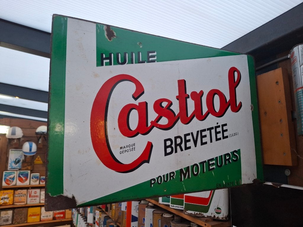 Origineel dubbelzijdig emaille reclamebord CASTROL, Verzamelen, Ophalen of Verzenden, Gebruikt, Reclamebord