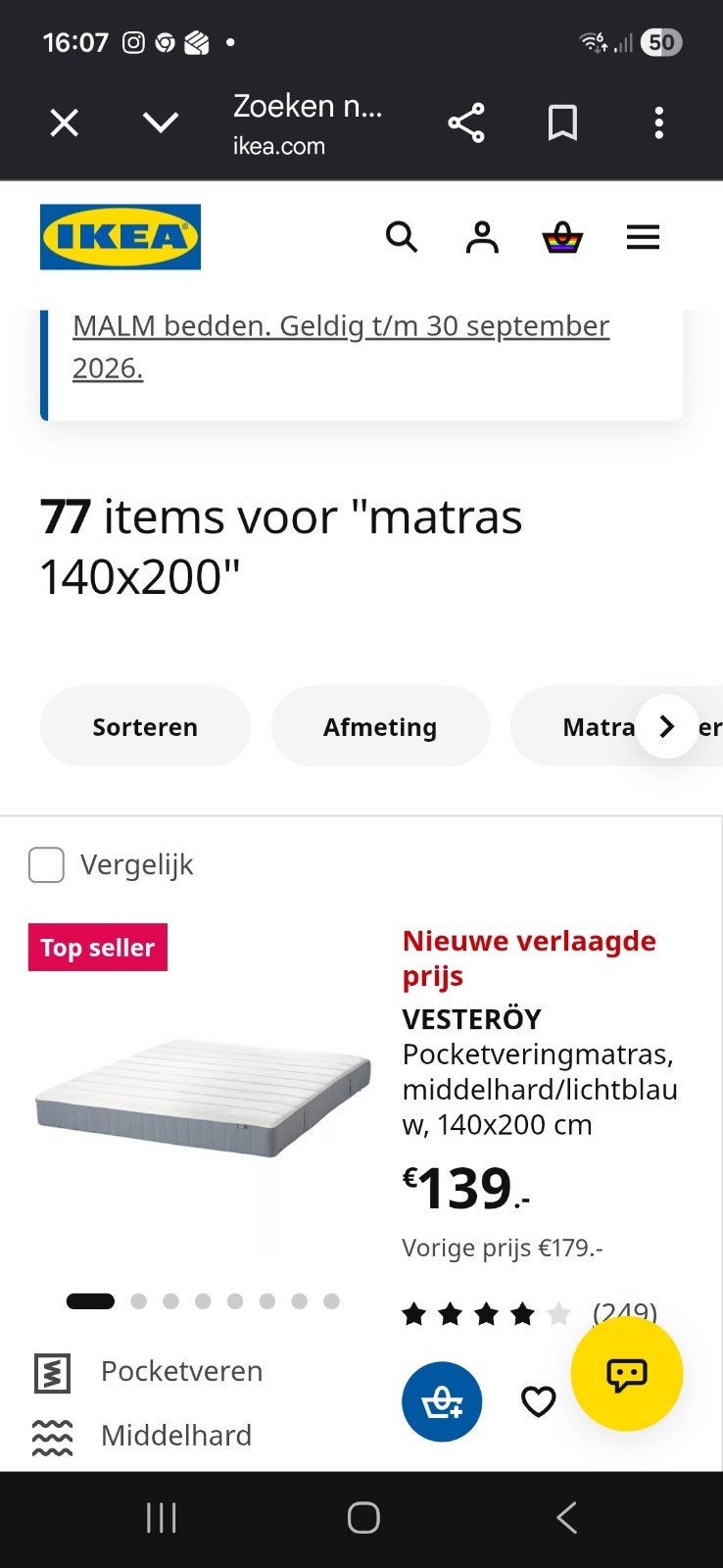 Nieuwe VESTERÖY Pocketveringmatras 140x200 cm, Matras, 200 cm, Nieuw, Tweepersoons