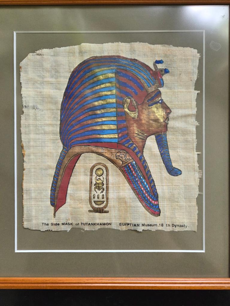 Ingelijste Egyptische kunst: Masker van Toetanchamon op papy, Antiek en Kunst, Ophalen of Verzenden