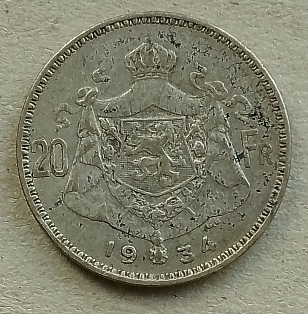België, 20 francs 1934 (Fr), Ophalen of Verzenden, België, Losse munt, Zilver