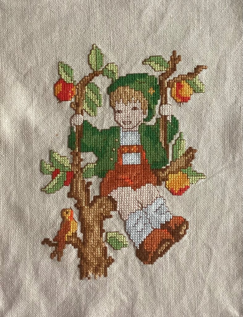 Borduurwerk, zijde, Hummel, appels plukken, vogel, vintage, Ophalen, Gebruikt, Handborduren, Overige typen