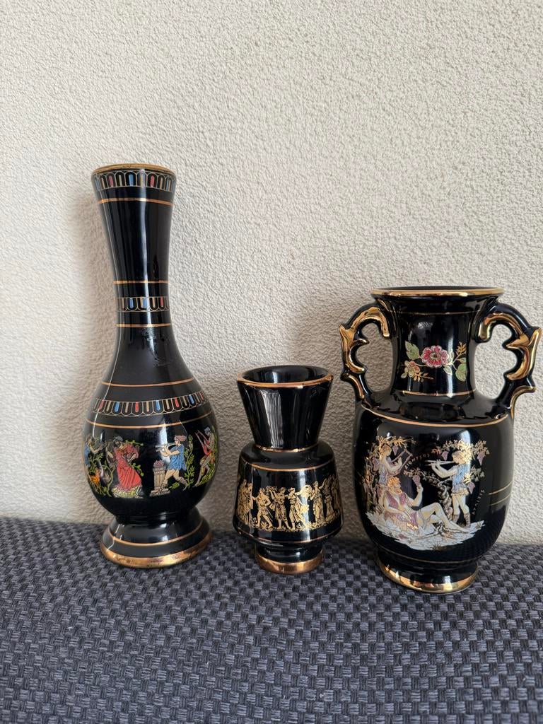 Set van 3 Griekse stijl vazen - Zwart met goud, Antiek en Kunst, Ophalen of Verzenden