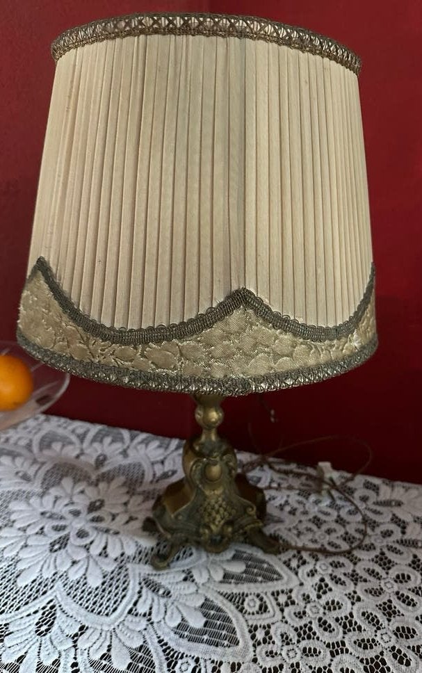 Vintage koperen tafellamp met plissé kap, Ophalen of Verzenden