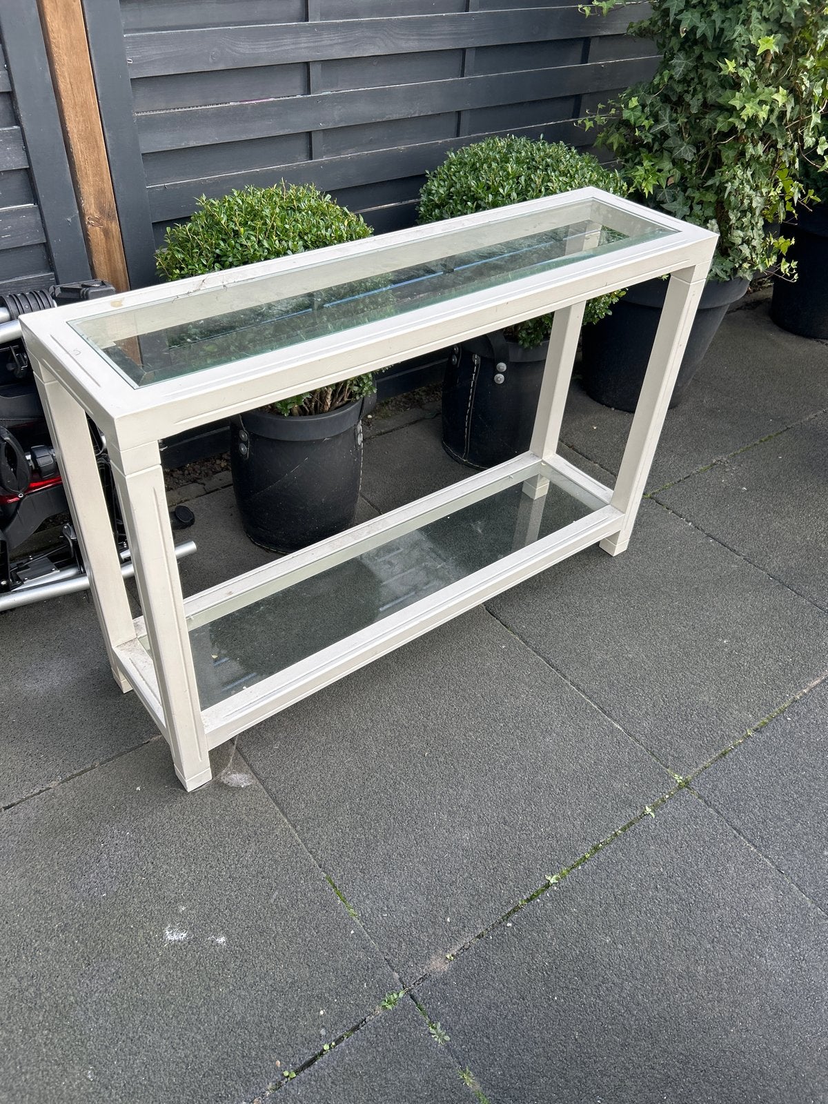 Witte console tafel met glazen planken, Gebruikt, 50 tot 100 cm, 100 tot 150 cm, Ophalen of Verzenden