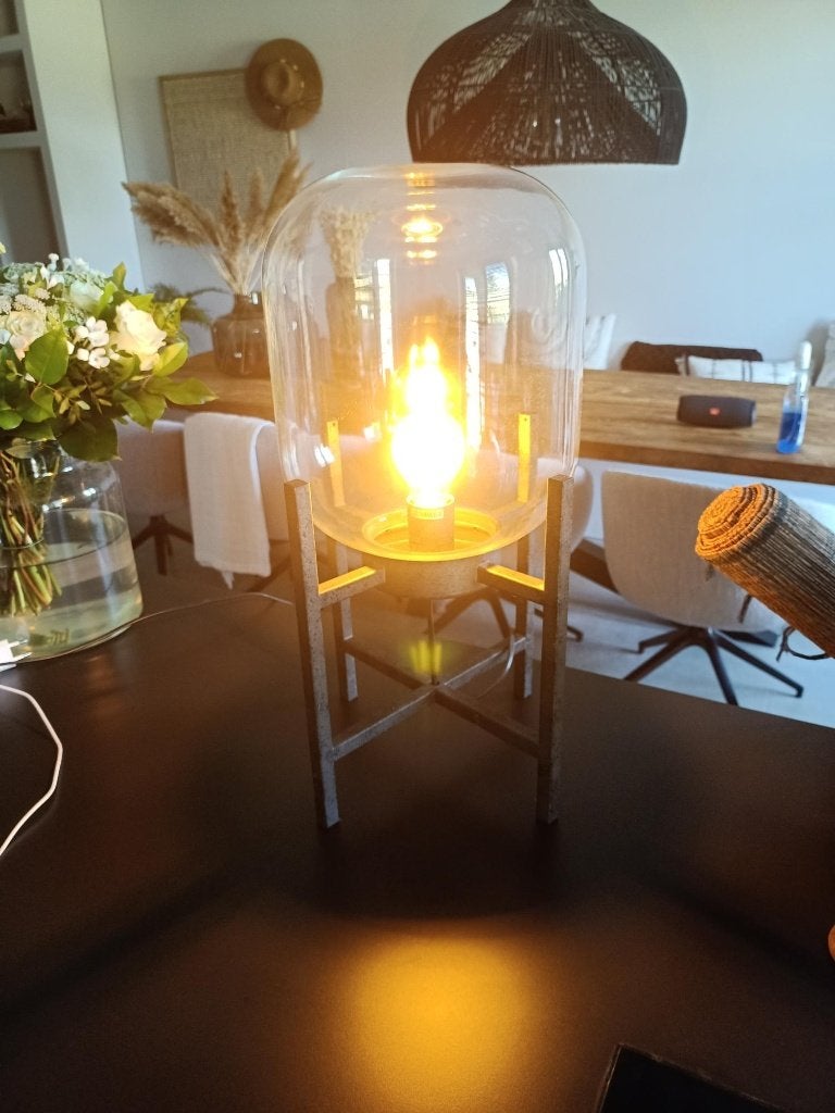 Stijlvolle design tafellamp met glazen bol, Met schakelaar, Zwart, Glas, Industrieel