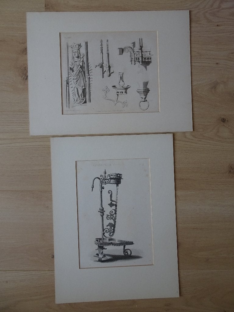 prent middeleeuwse kandelaars en mariabeeld frans buffa 1860, Ophalen of Verzenden, Dagelijks leven, Overige technieken, 1800 - 1899