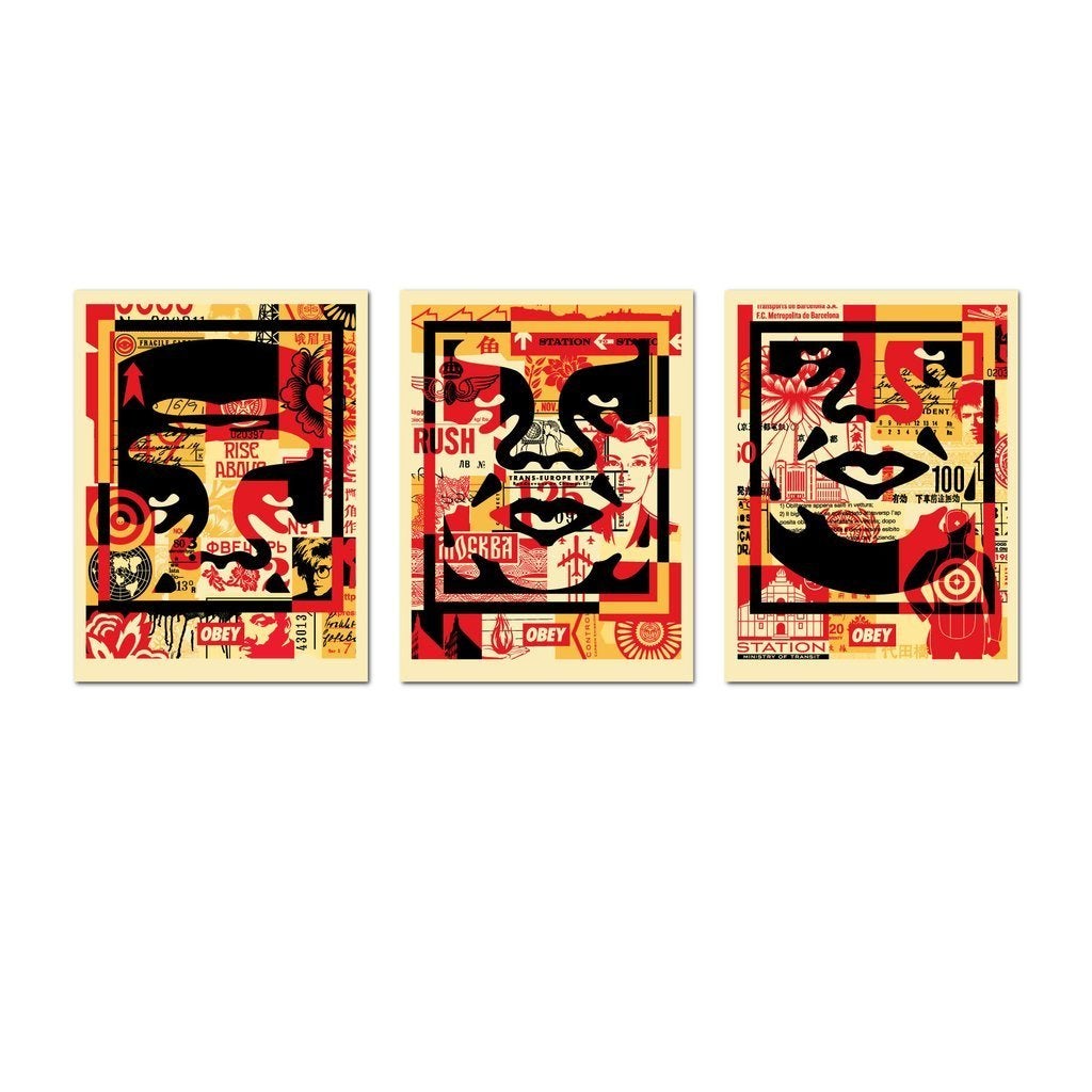 Shepard Fairey (OBEY) - 3-FACE COLLAGE litho set gesigneerd!, Gesigneerd, Ophalen of Verzenden, Lithografie