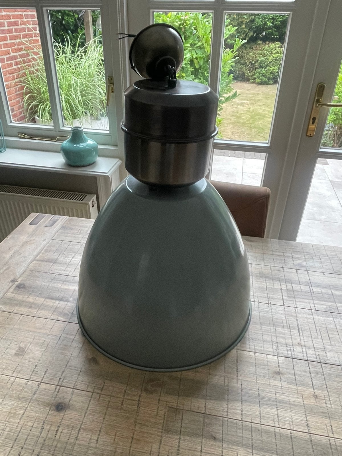 Mooie industriële turquoise hanglamp, Huis en Inrichting, Ophalen, E27 (groot), Zo goed als nieuw, Metaal