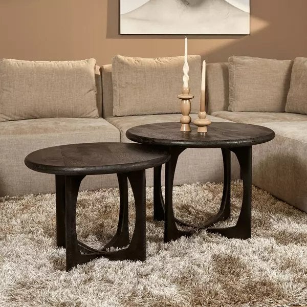 Salontafel set van 2 milou zwart mango hout nieuw., 50 tot 100 cm, Rond, Zo goed als nieuw, 5 – 50