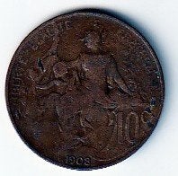 10  cent  1908  Frankrijk. km. 843  ( 0,60 euro ), Ophalen of Verzenden, Frankrijk, Losse munt