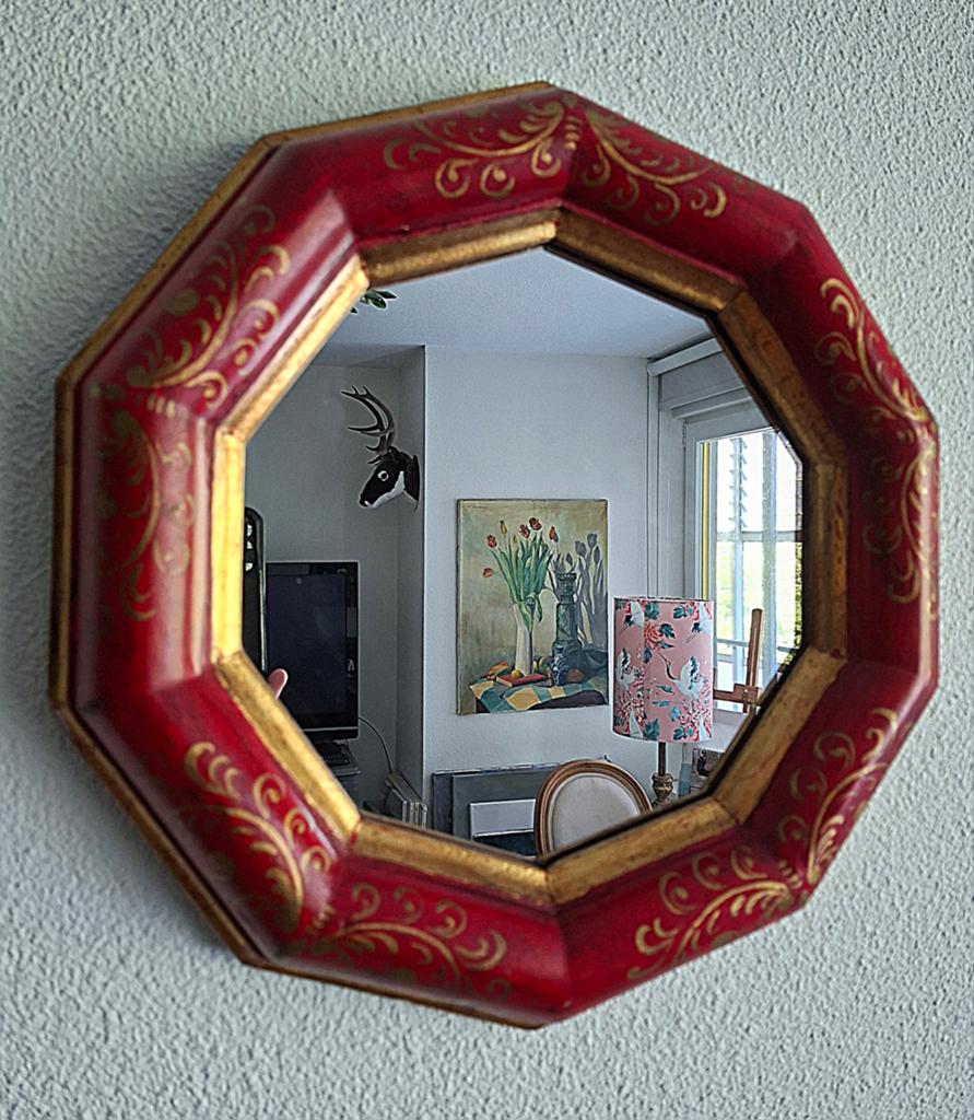 Italiaanse spiegel, jaren 70, hout, goud beschilderd, Antiek en Kunst, Ophalen of Verzenden, Rechthoekig, Minder dan 50 cm