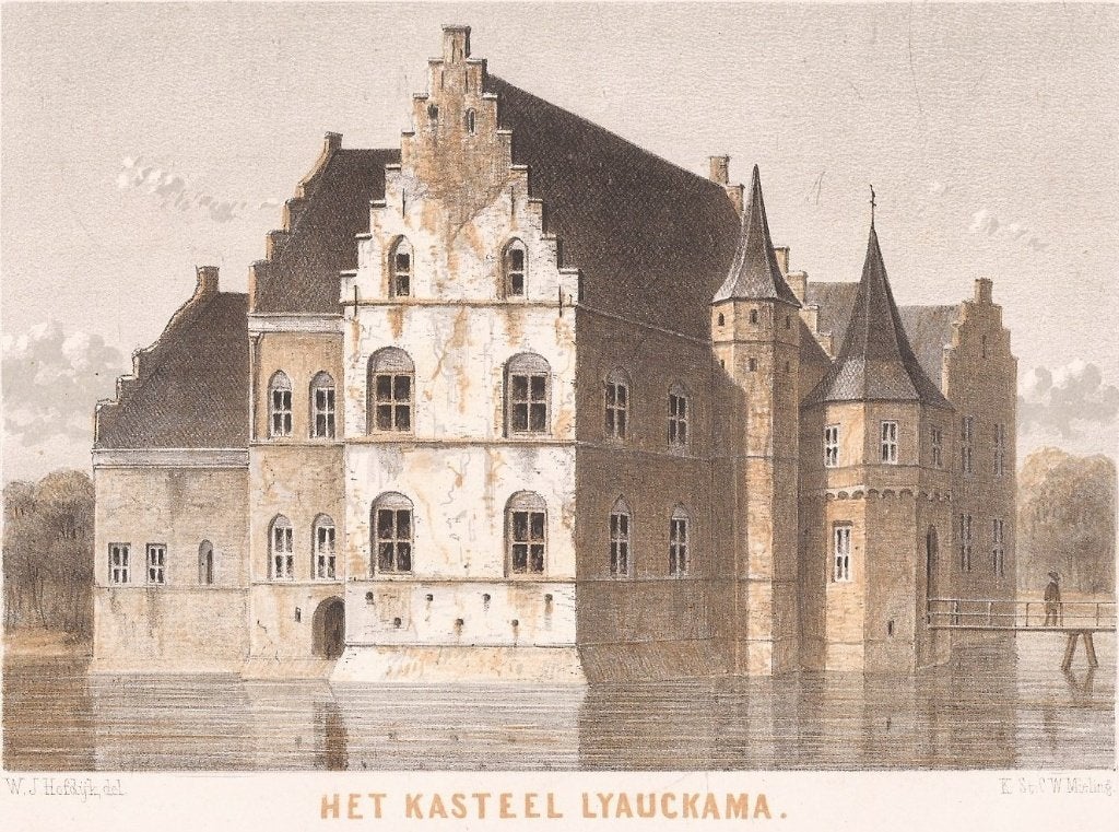 Sexbierum Het Kasteel Lyauckama Litho W.J. Hofdijk 1857, Antiek en Kunst, Kunst | Etsen en Gravures, Origineel, 1800 - 1899, Architectuur
