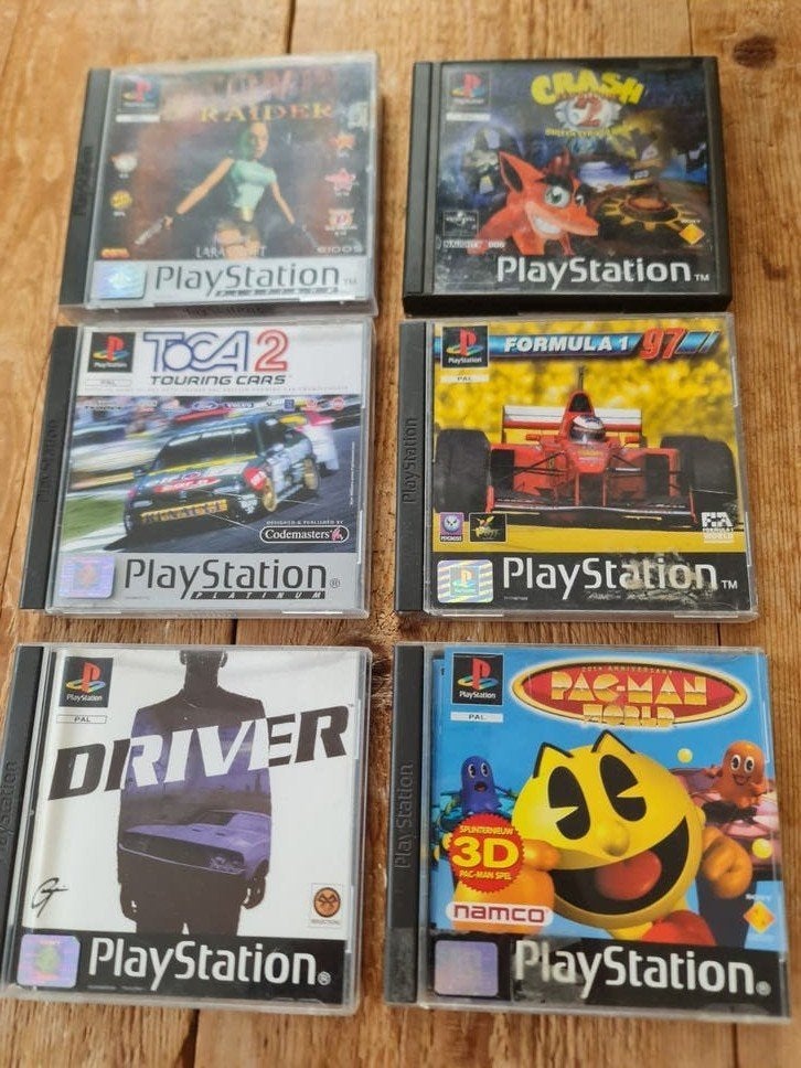PlayStation 1 Games - Crash, Tomb Raider, Pac-Man, Driver, Ophalen of Verzenden, Gebruikt, Zonder controller, Met games