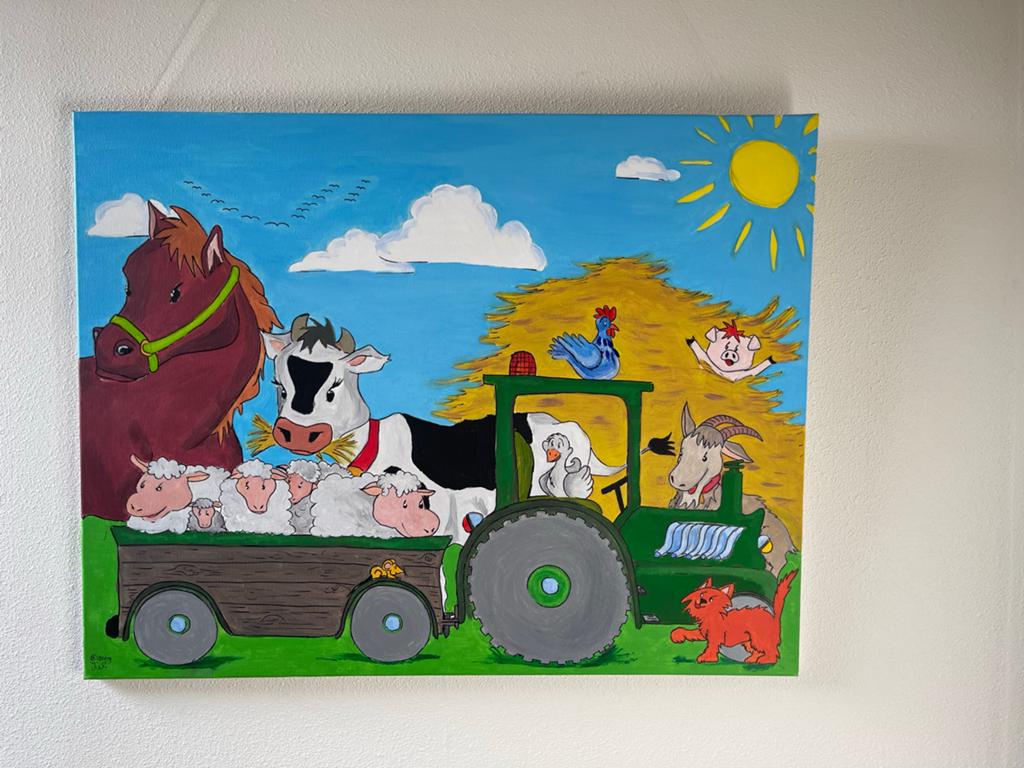 Handgeschilderd schilderij boerderijdieren en tractor, Ophalen