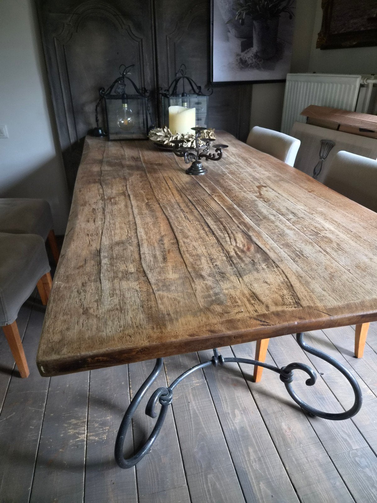 Stoere eettafel *landelijk*sober*stoer*hout*gietijzer, Huis en Inrichting, Ophalen, 200 cm of meer, 50 tot 100 cm, Zo goed als nieuw