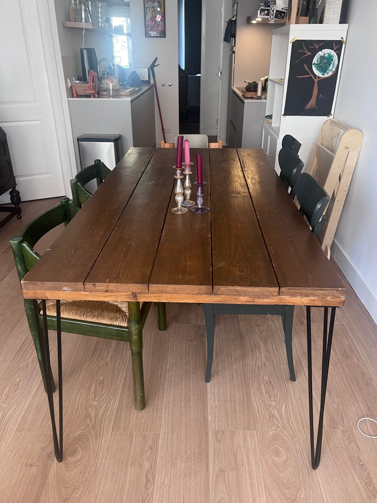 Robuuste houten eettafel met hairpin poten, 180x92, Gebruikt, Vijf personen of meer, 150 tot 200 cm, Rechthoekig