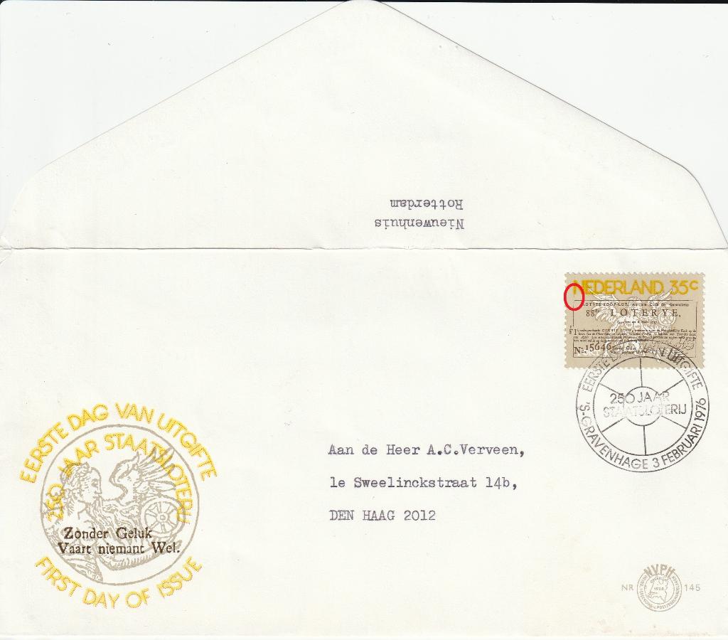 fdc e145 met plaatfout 1084pm5  LEES, Postzegels en Munten, Postzegels | Eerstedagenveloppen, Ophalen of Verzenden, Beschreven