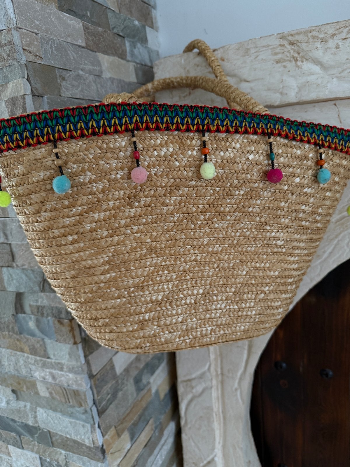 Stro tas met kleurrijke pompons, Ophalen of Verzenden, Gebruikt, Overige kleuren, Shopper