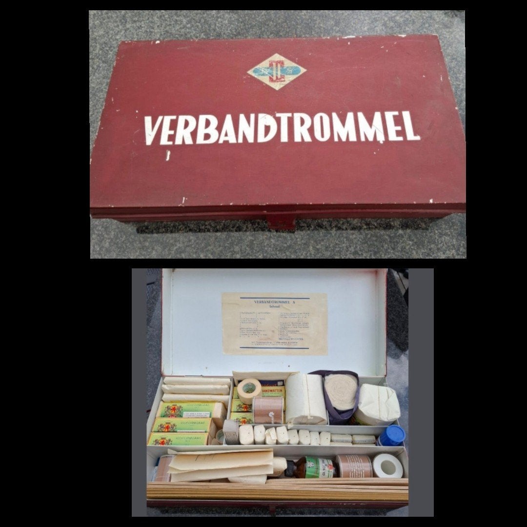 vintage verbanddoos/trommel met veel inhoud. jaren 50/60, Verzamelen, Ophalen, Overige typen