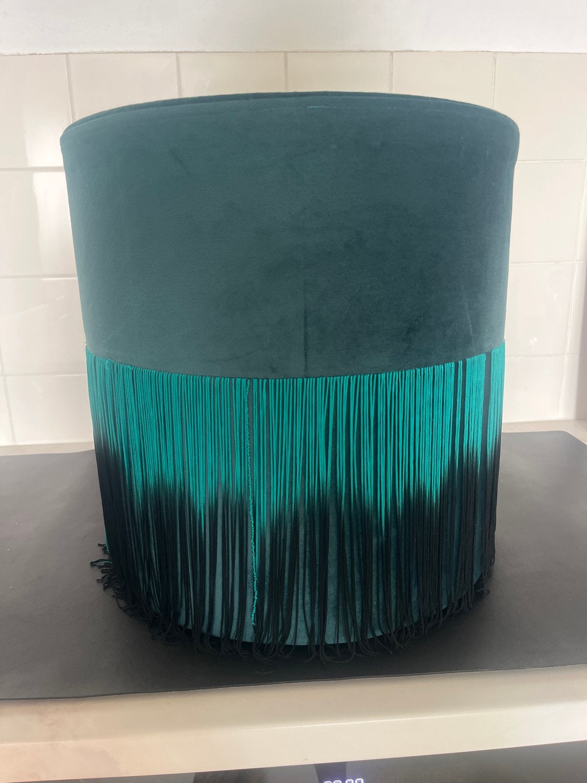 Velours Poef/Hokker Turquoise met Franjes - 40x40 cm, Ophalen, Twee, Overige kleuren, Zo goed als nieuw