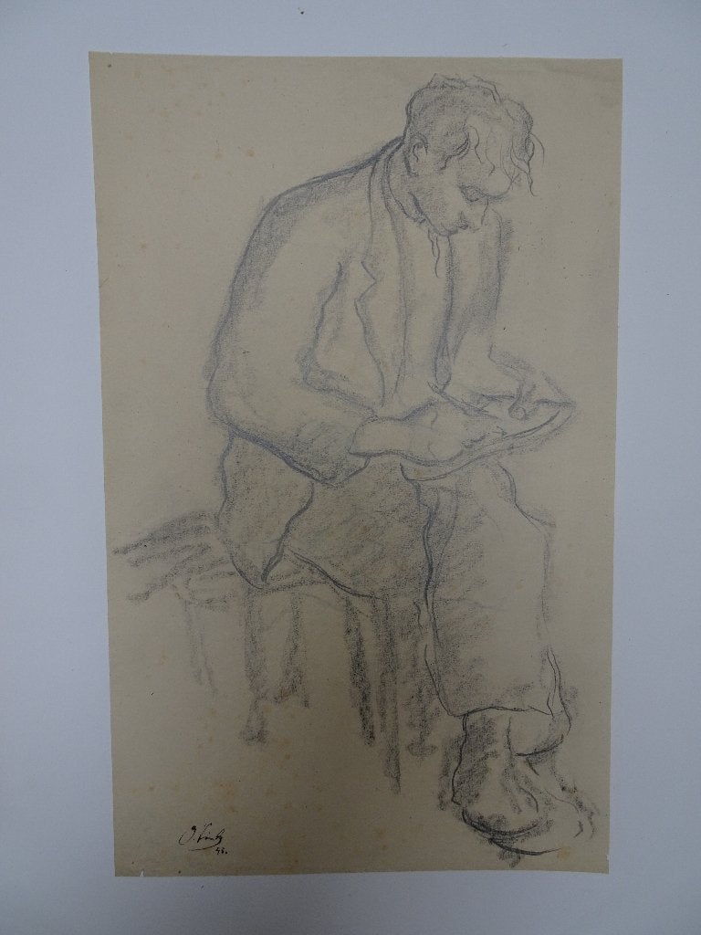 Tekening schrijvende man op een kruk J. Vink v Gogh 1945, Antiek en Kunst, Kunst | Tekeningen en Foto's, Ophalen of Verzenden