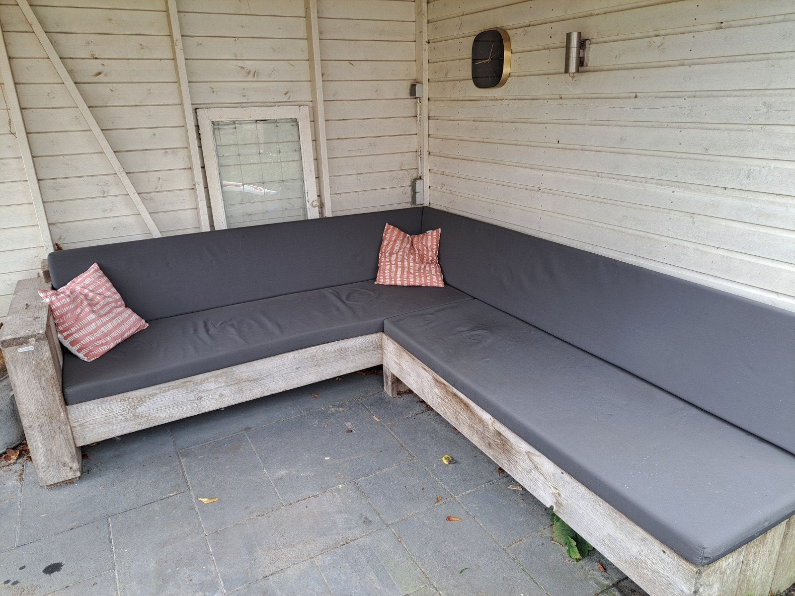 Steigerhouten loungebank met kussens - 240x260 cm, Ophalen, Gebruikt, Meer dan 8 zitplaatsen, Steigerhout