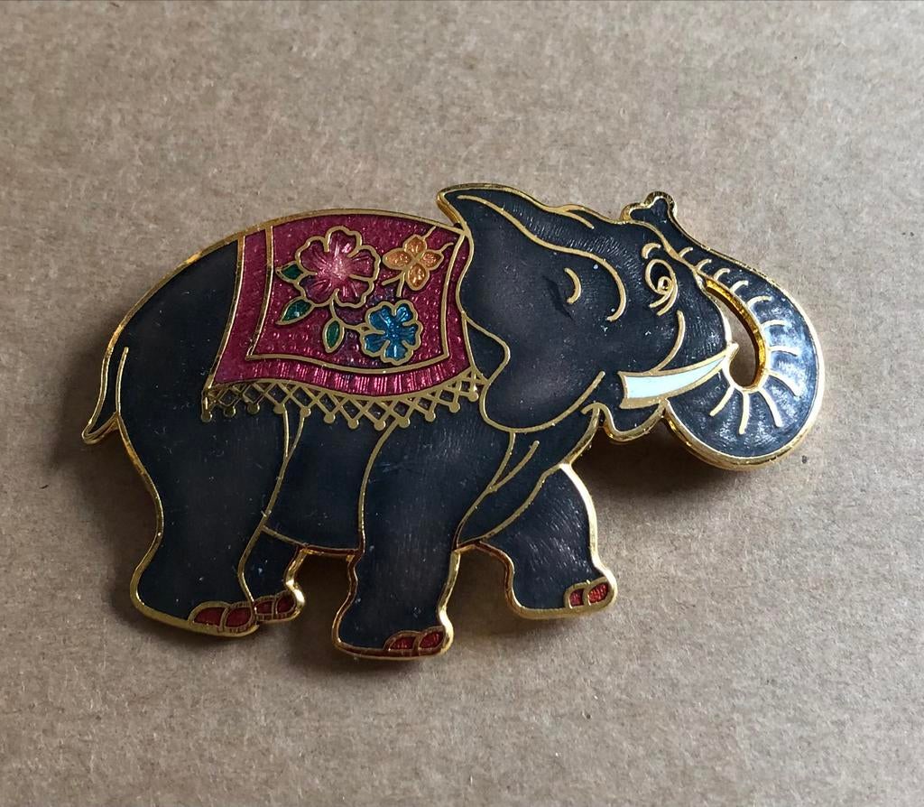 Olifant Broche - Zwart met Goud en Bloemen, Overige materialen, 4 tot 7 cm, Gebruikt, Zwart