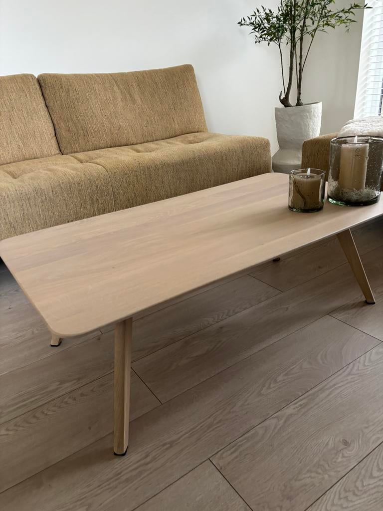 Massief eiken salontafel te koop, 100 tot 150 cm, Zo goed als nieuw, Minder dan 50 cm, Rechthoekig
