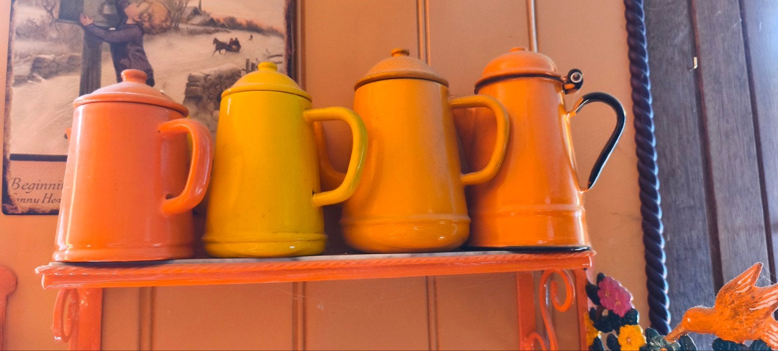 Set van 4 vintage emaille kannen - Oranje en Geel, Antiek en Kunst, Antiek | Emaille, Ophalen of Verzenden
