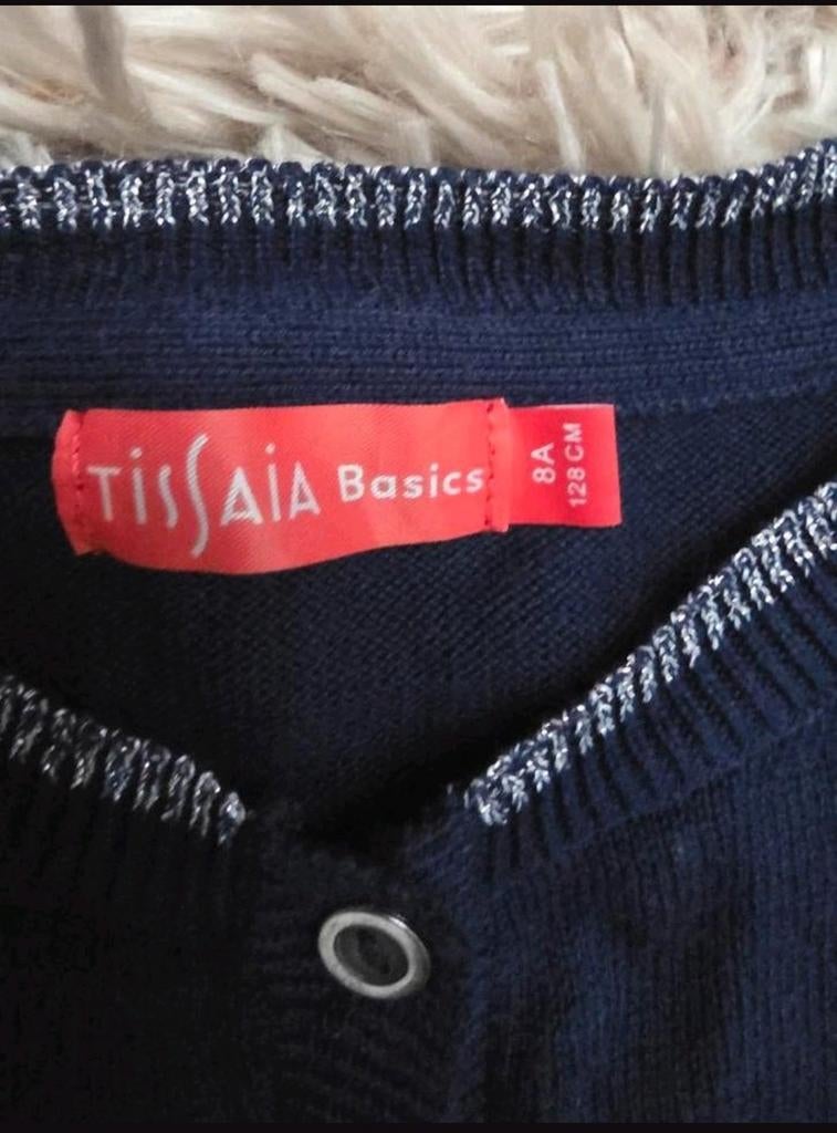Tissaia Donkerblauw Glitter Vestje 128, Trui of Vest, Tissaia, Zo goed als nieuw, Verzenden