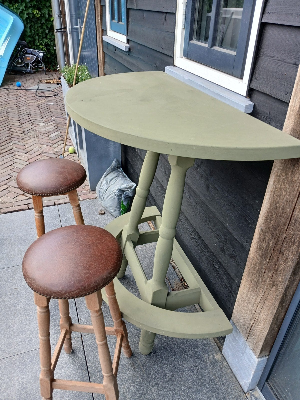 Bartafel pokertafel met 2 barkrukken - Groen en bruin, Huis en Inrichting, Ophalen, Gebruikt, 90 cm of meer, 3 krukken