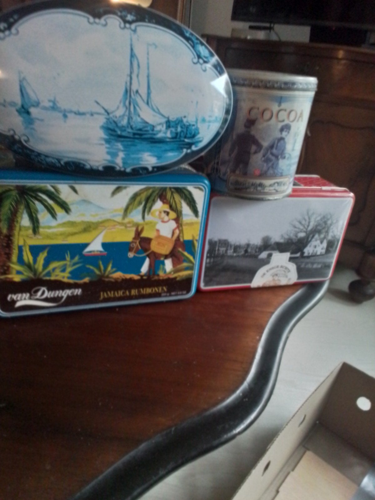 4 Oude blikken: Van Dongen, Ovaal Blauw, Arnhem & Cocoa, Verzamelen, Ophalen of Verzenden